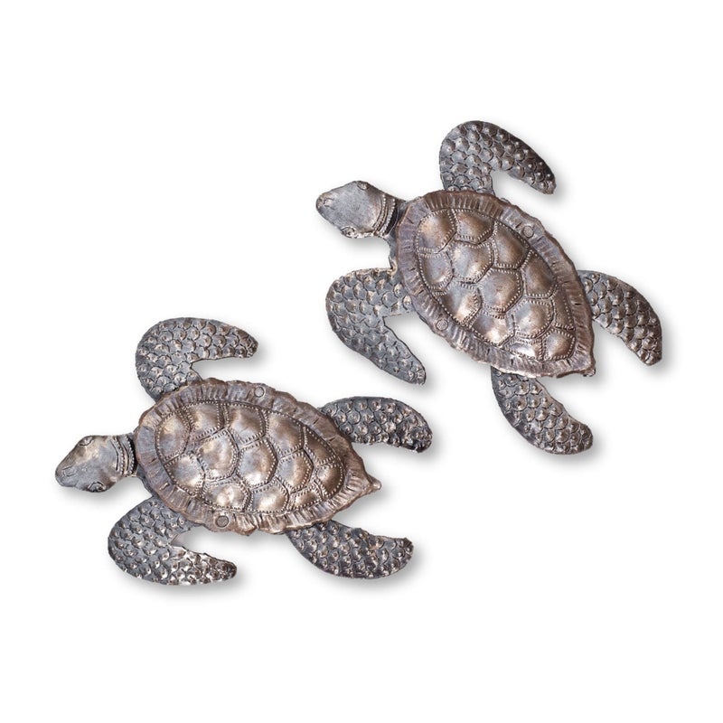 It's Cactus Sea Turtles, Beach Metal Art, Set of 2, Nautical Wall Hanging Figurines Home Decoration, Under the Sea Marine Life Animals, Handmade in Haiti 6 x 7.75 Inches Haitian Metal Plaques - Image 1